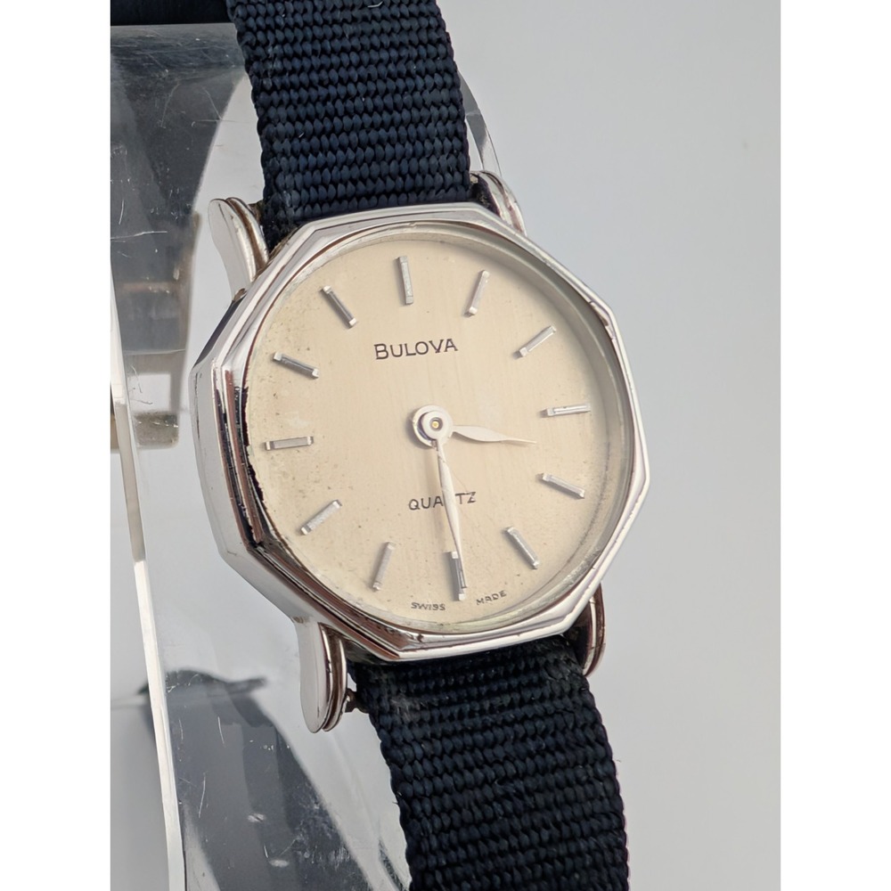 Rare Vintage Bulova Quartz Watch Women Silver 23mm Case Canvas Band- New Battery